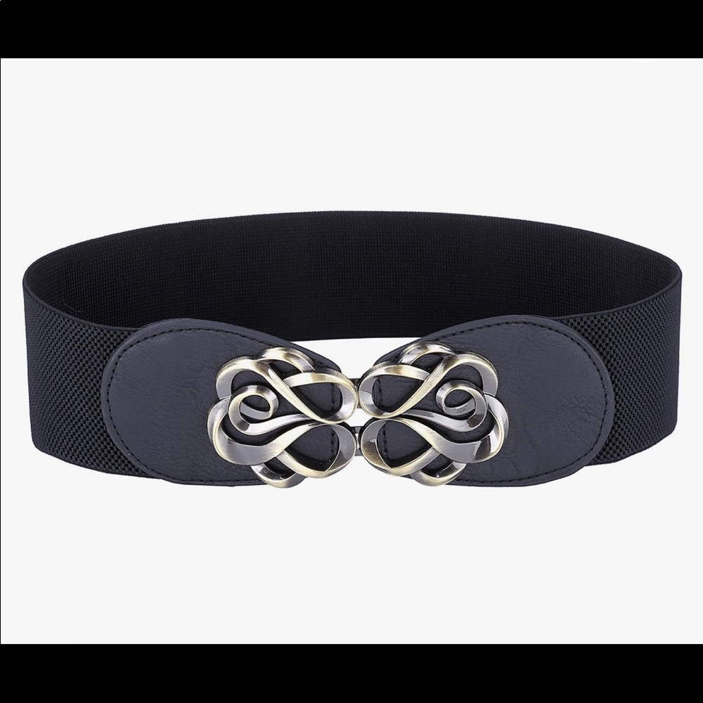 Black Elastic Waist Belt with Decorative Silver Buckle